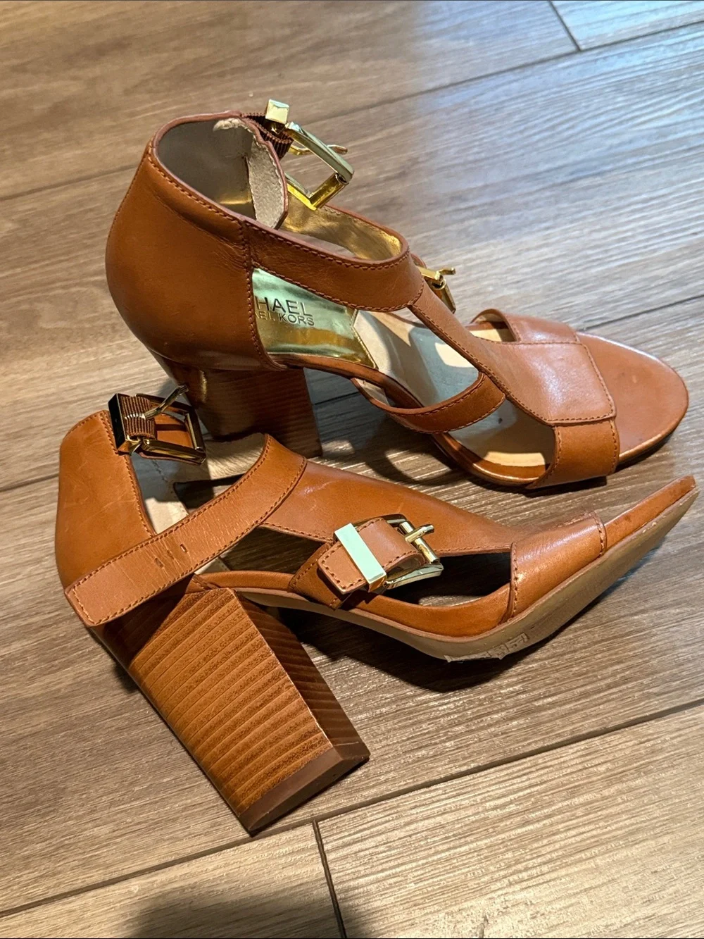 Michael Kors Tan Leather Ankle-Strap Heels with Gold Buckles